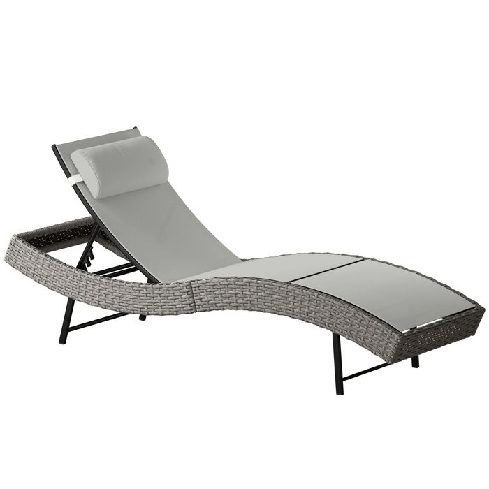 Chaise longue - Outsunny - dossier réglable 5 positions - siège courbe avec appui-tête - résine tressé - 198 x 61 x 44 cm - gris