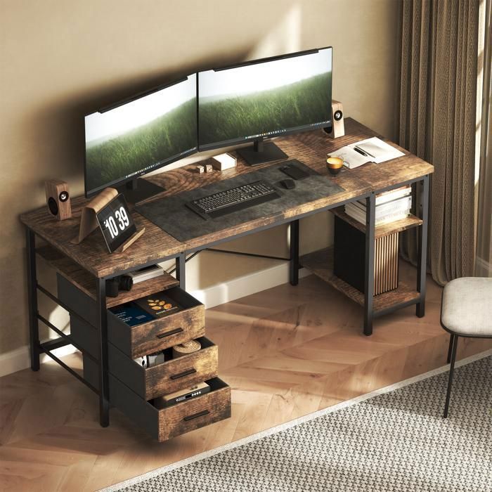 Bureau avec 3 Tiroirs en Tissu 160 × 60 ×75 cm Bureau Gaming avec 3 étagères Bureau Gamer Marron