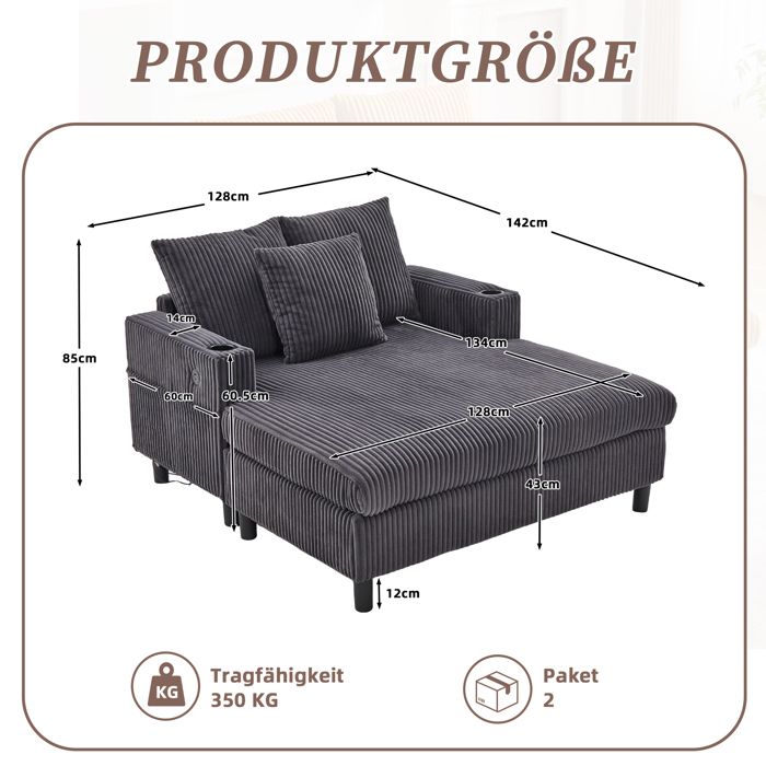 Fauteuil de relaxation en velours - Gris foncé - 142x128x85 cm - Porte-gobelet - Ports USB - Éclairage LED intégré