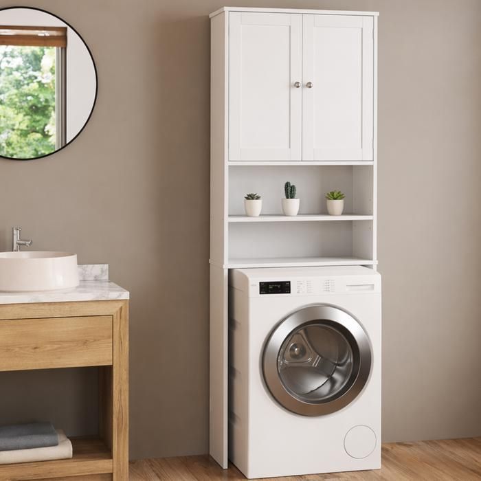 Meuble machine à laver - ALIGHTUP - Meuble WC avec 2 Portes et 4 Étagères Réglables 64.6 x 26 x 190cm Blanc