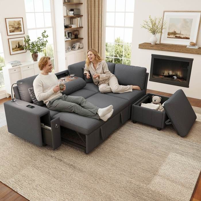 Canapé d’angle convertible en L gris avec couchage pouf coffre table relevable USB/Type-C liseuse et 2 coussins