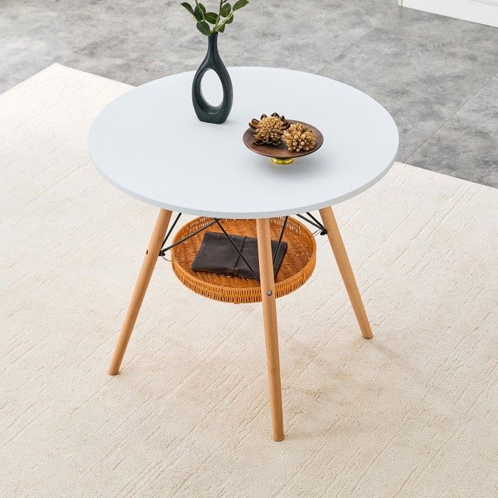 Table Ronde Ø80 Plateau MDF Blanc Pieds Bois Massif Panier Tressé Table Repas 2 à 4 Pers Sans Chaise 80x80x71.5cm Table Ronde Ø80 Plateau MDF Blanc Pieds Bois Massif Panier Tressé Table Repas 2 à 4 Pers Sans Chaise 80x80x71.5cm