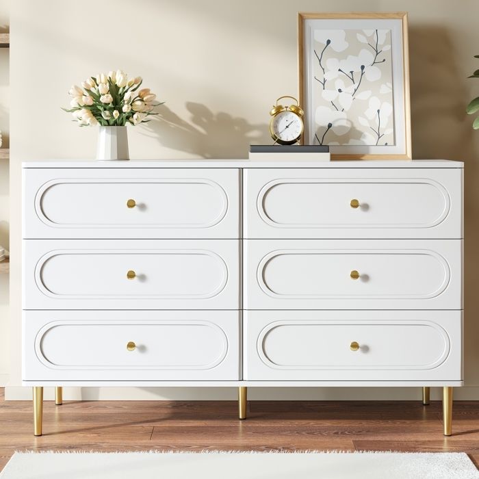 Commode buffet moderne 6 tiroirs façades à creux ovales poignées métal pieds métal rangement salon chambre