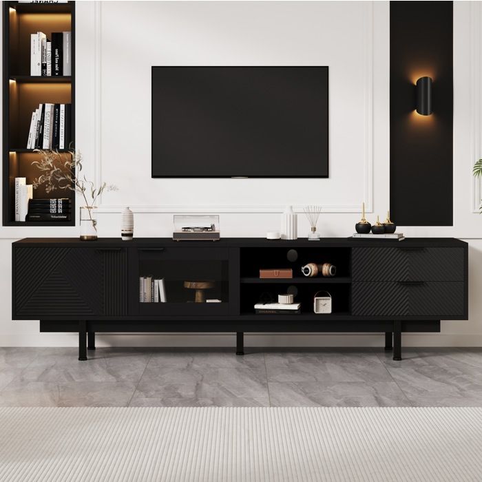 ROVRYN Meuble TV 200 x 40 x 50 5 cm noir 2 portes 2 tiroirs porte en verre trempé pour TV 80 pouces