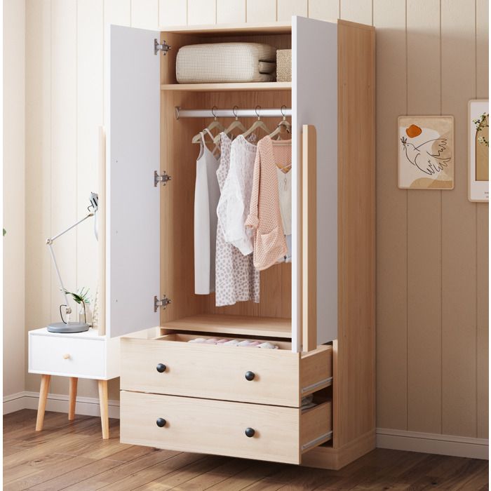 COVREO Armoire de chambre 70 x 40 x 170 cm 2 portes 2 tiroirs penderie blanc et décor bois