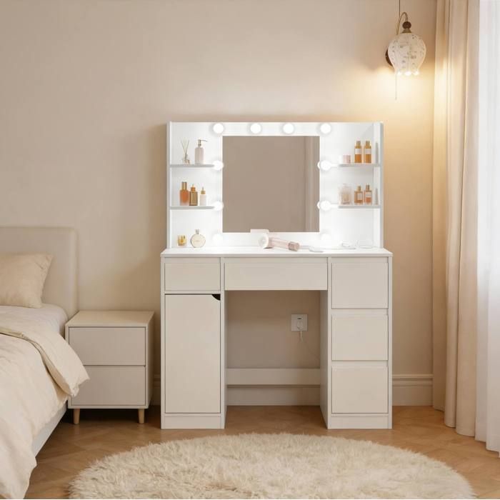 Coiffeuse blanche avec miroir LED 110 x 40 x 140 cm 5 tiroirs 4 étagères placard 2 prises et 2 USB