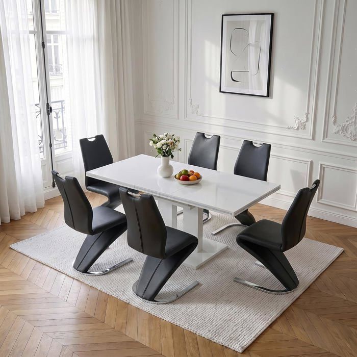 JIEXI Ensemble de table à manger extensible avec 6 chaises noir à pied en Z table de cuisine blanche (140-180 cm)