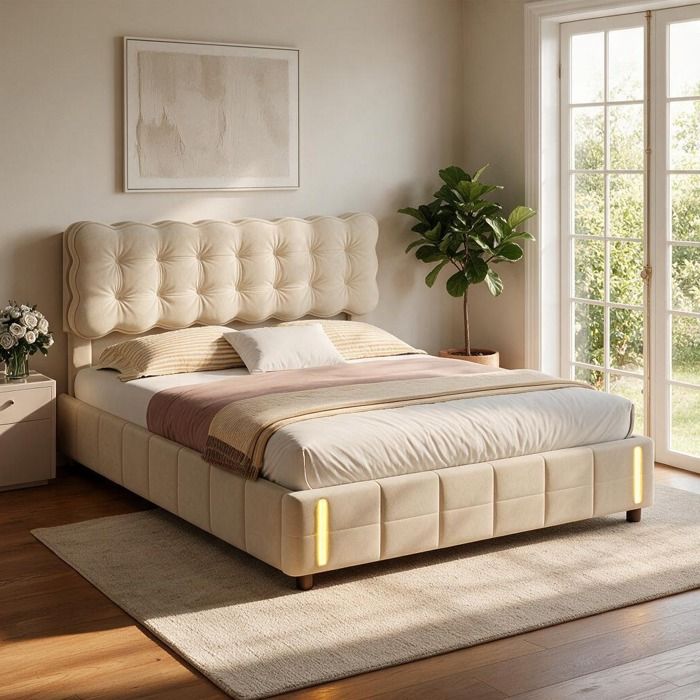 Lit capitonné 140 x 200 cm Cadre de Lit rembourré avec LED Lit 140x200 avec sommier Lit Coffre 140x200 cm Velours beige