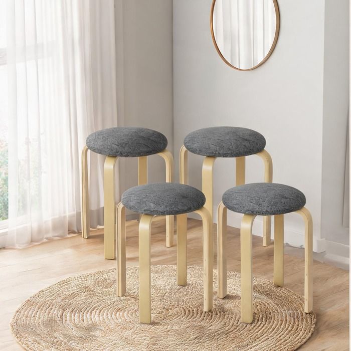 Lot de 4 tabourets ronds empilables gris 40x40x45 cm en bois et tissu rembourrés