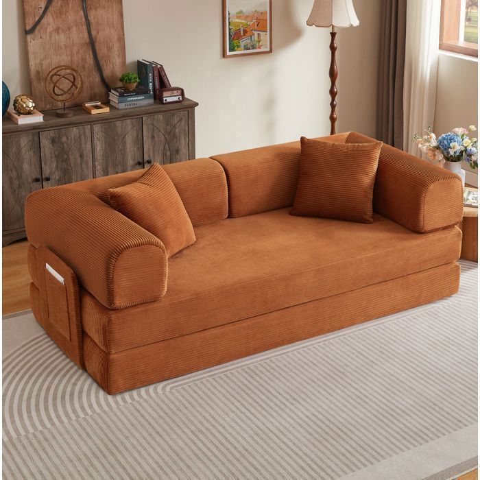 Canapé convertible pliable EVRYAE en mousse haute densité avec 2 coussins canapé de sol terracotta en tissu côtelé