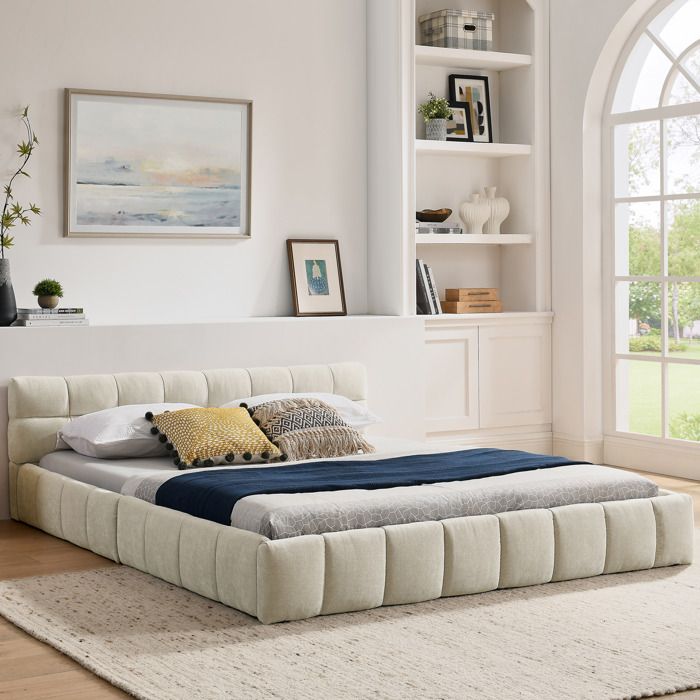 Lit double rembourré 160x200 cm en chenille avec motif matelassé carré structure en eucalyptus et cadre métal - Beige