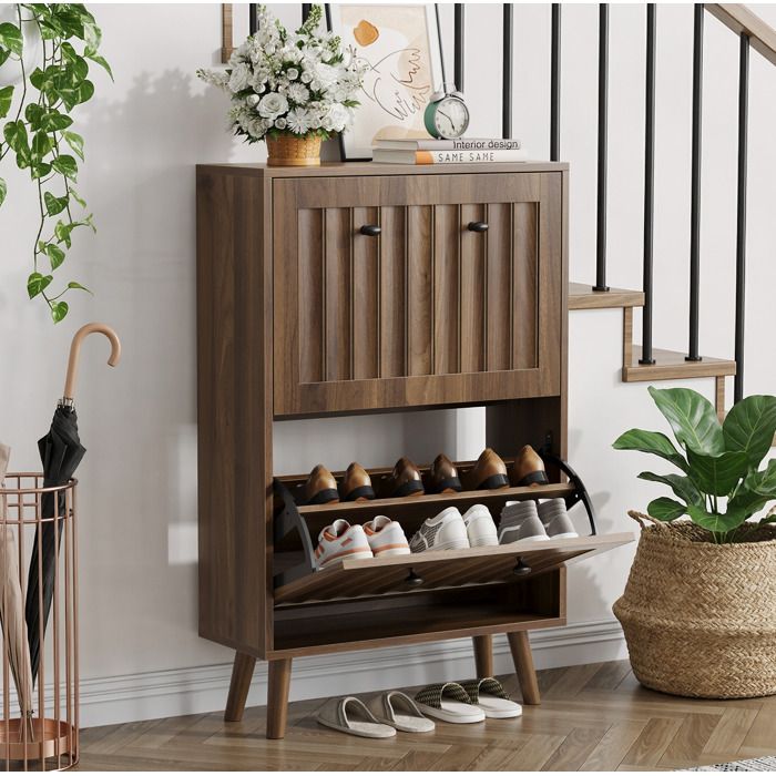 VUENOR Meuble à chaussures 60 cm Walnut – 2 abattants entrée anti-basculement