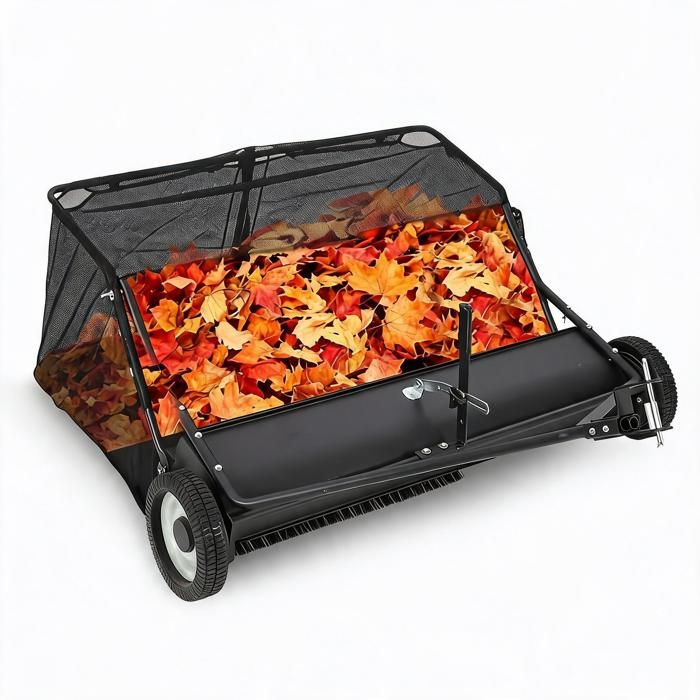 KOIOPLIE Balayeuse de jardin tractable à attelage universel ramasse-feuilles 107 cm avec grand sac 600 L hauteur réglable Noir