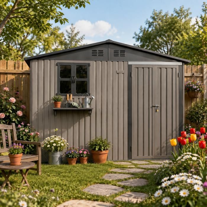 Abri de jardin en acier galvanisé 295x 243 6cm (7 19 m²) fenêtres ouvrantes porte verrouillable et étagère à fleurs imperméable Abri de jardin en acier galvanisé 295x 243 6cm (7 19 m²) fenêtres ouvrantes porte verrouillable et étagère à fleurs imperméable