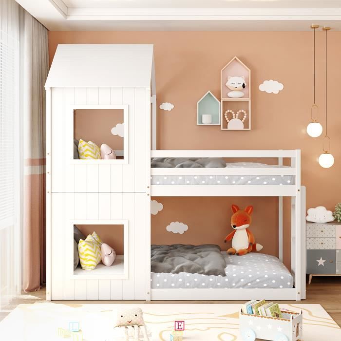 lit superposé, lit maison, lit enfant, avec échelle, avec baldaquin, bois massif, blanc, 90*200cm,