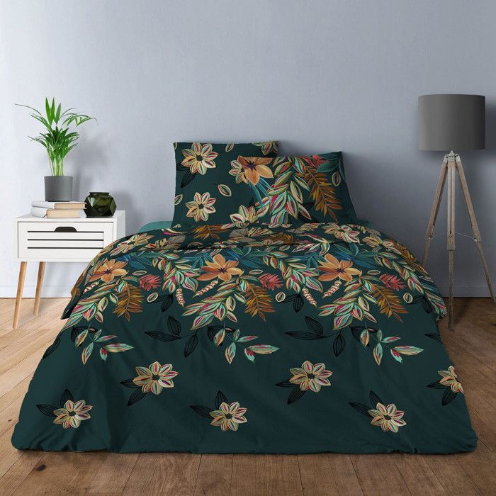 ALPES BLANC - Housse de couette Botanical Garden 240x220 + 2 taies carrées – 100% coton 57 fils/cm² - Motif fleuri – Finition rabat
