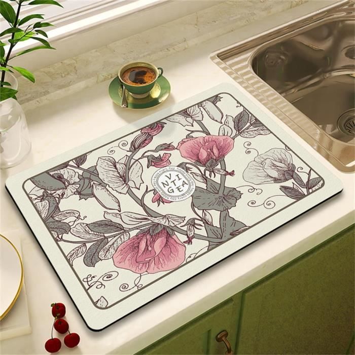Tapis égouttoir Absorbant Motif Fleur - 40x50 Cm, Terre De Diatomées, Antidérapant, Pour Cuisine Ou Bar - 5