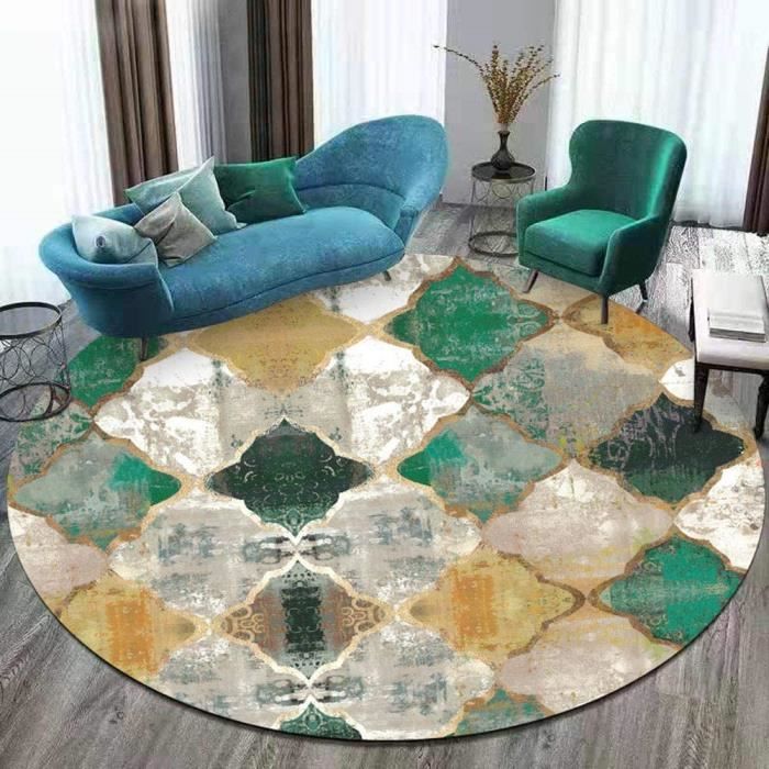 Round Tapis Moquette Rond Jaune Rétro Vert Émeraude Marocaine Geometry Living Chambre Convient Salon