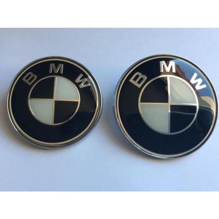 2 X LOGO EMBLEME BMW NOIR / BLANC STANDARD 1 X 74MM + 1X 82 MM DE DIAMETRE POUR CAPOT ET COFFRE