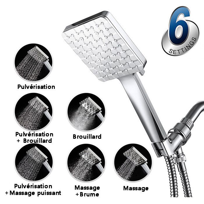 Pommeau De Douche Massant 6 Modes - Haute Pression, économique, Avec Tuyau 1.5m - Chrome Noir