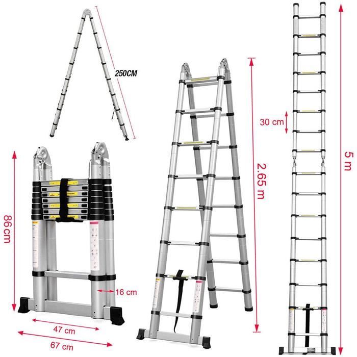 Échelle télescopique pliante en aluminium portable multifonctions - GOLDCMN - 5m (2.5m + 2.5m)