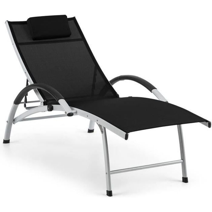 Transat - Blumfeldt Sun Valley - Chaise longue de jardin - Transat pliant avec coussin - dossier réglable - Bain de soleil - Noir