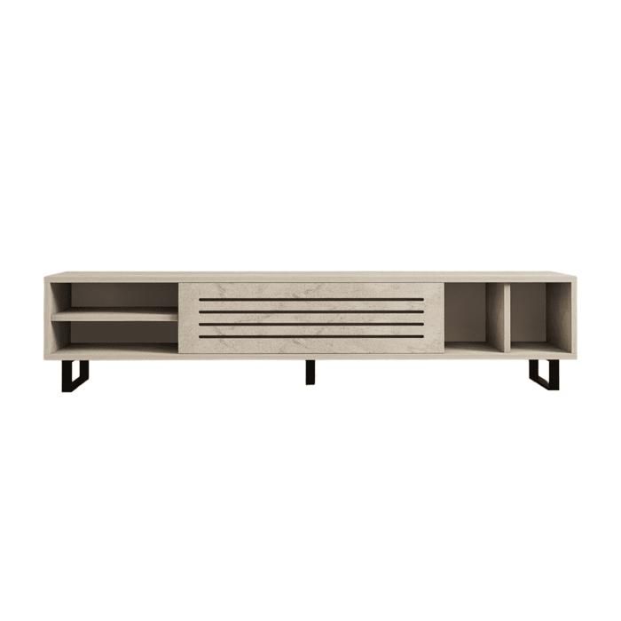 CALICOSY - Meuble TV 1 porte abattante et 4 niches décor travertin L160 cm - SAFIR - Beige CALICOSY - Meuble TV 1 porte abattante et 4 niches décor travertin L160 cm - SAFIR - Beige