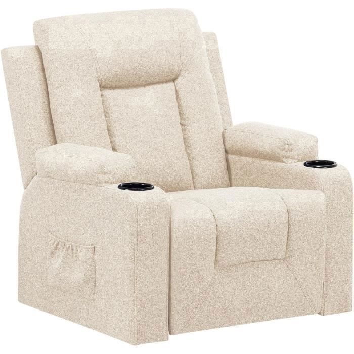 Fauteuil Relaxation en Tissu avec Fonction Inclinable Recliner Chair Pivotant à 360 ° 2 Poches Latérales et Porte-Tasse Beige