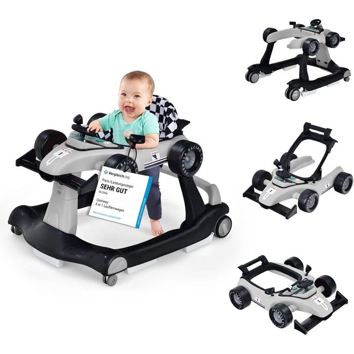 4 en 1 Trotteur Bébé Pliable COSTWAY-HauteurVitesse Réglables-Boîte à Musique avec Lumière-6-18 Mois-Roues Silencieuses-Noir gris