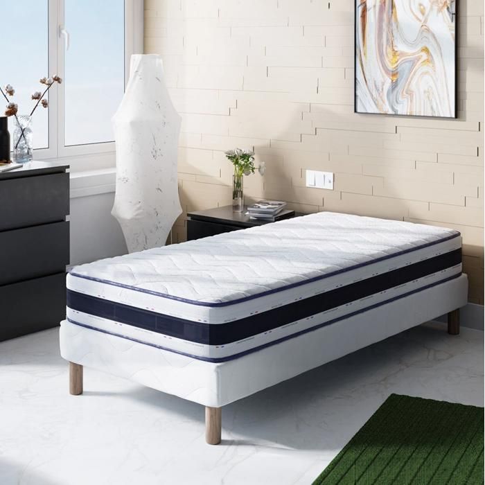 Ensemble Blue Memory Sommier + Matelas 120x190 cm Hauteur 22 cm Mousse à mémoire de forme 4 Pieds Confort équilibré