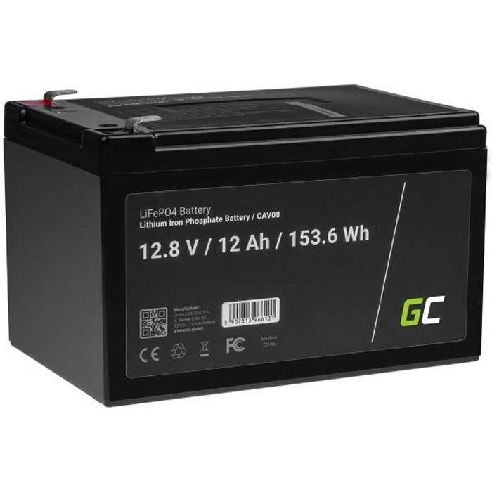 Green Cell® Batterie LiFePO4 12Ah 12.8V 153.6Wh lithium fer phosphate pour panneaux solaires, camping-cars et bateaux