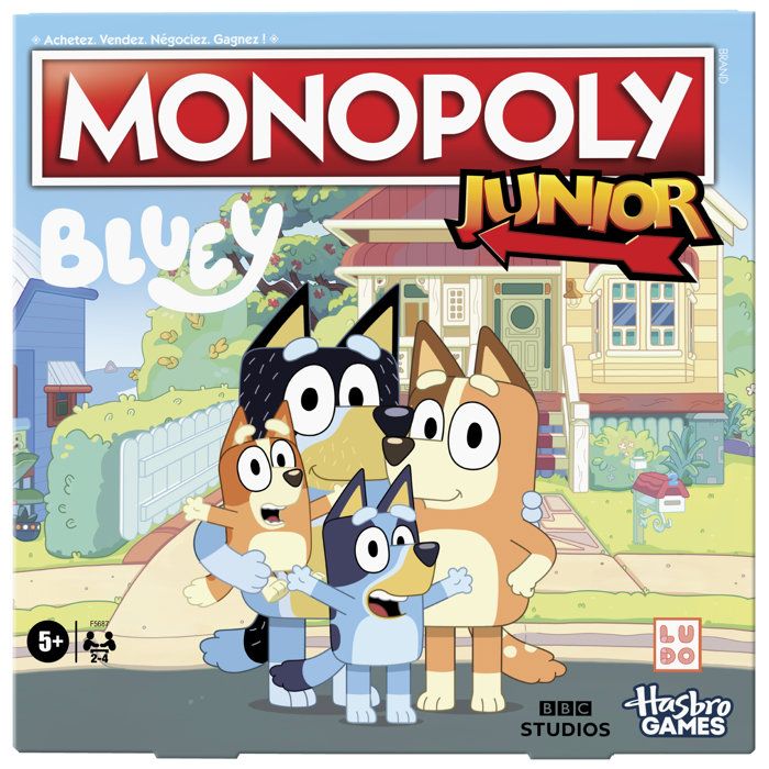Monopoly Junior : édition Bluey Jeu de Plateau pour Enfants dès pour pions Bluey Bingo Papa et Maman Illustrations du Dessin animé Version française