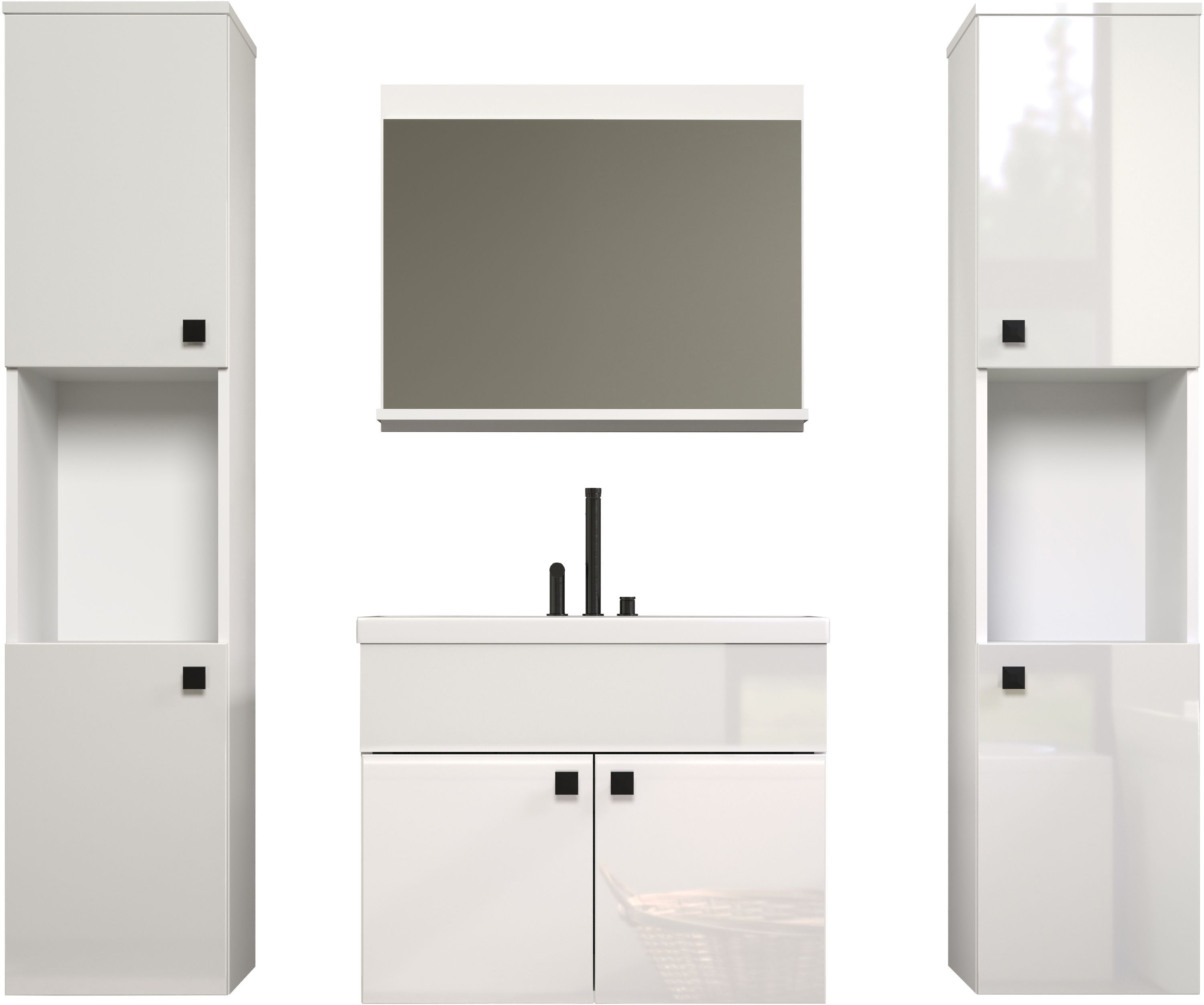 Salle+de+bain+complete+-+Blanc+brillant+-+2+colonnes+à+suspendre+++Meuble+vasque+++miroir+-+HAVEN