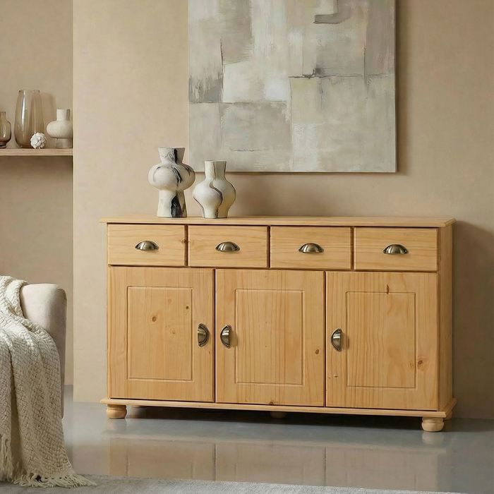 Buffet salle à manger COLMAR en bois massif L 116 cm avec 3 portes battantes et 2 tiroirs spacieux coloris teinté Buffet salle à manger COLMAR en bois massif L 116 cm avec 3 portes battantes et 2 tiroirs spacieux coloris teinté