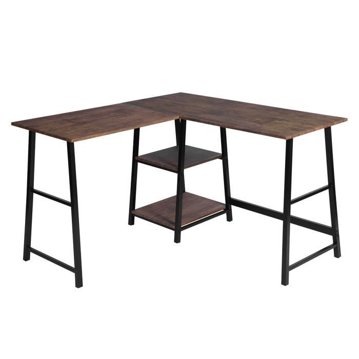 Bureau D'angle Hetton En MDF Noir - 76x100x70 Cm Avec étagères - Bureau PC Gamer Ou Télétravail