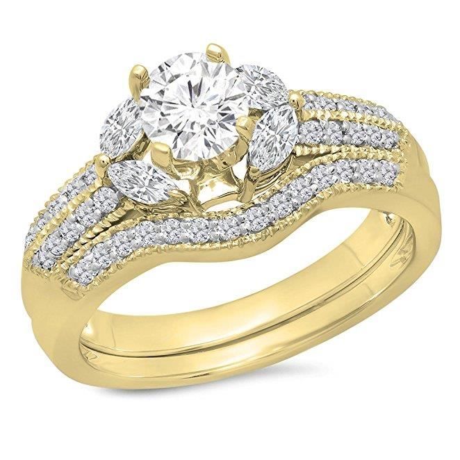 Bague Femme Bague De Fiancaille 14 Ct Or Jaune Rond Marquise