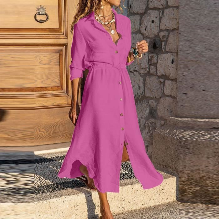 Mesdames couleur unie simple boutonnage revers col cordon chemise robe coton lin robe S Rose vif Rose vif Cdiscount Pret a Porter