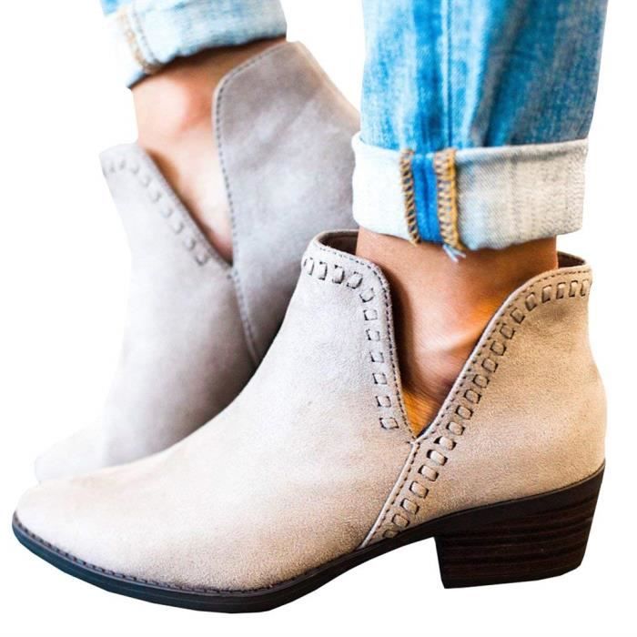Minetom Femme Bottines PU Cuir Chaussure Bloc Talons Bottes Ankle Boots LAutomne Mode Casual Chelsea Boots Bootie