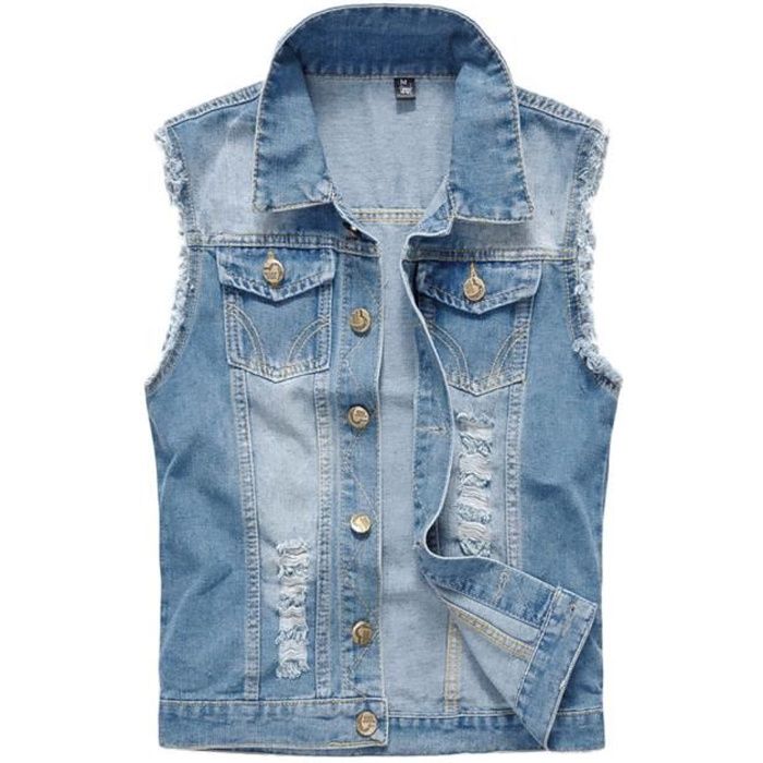 Veste en jean sans manches pour Homme Coupe Slim Bleu Clair
