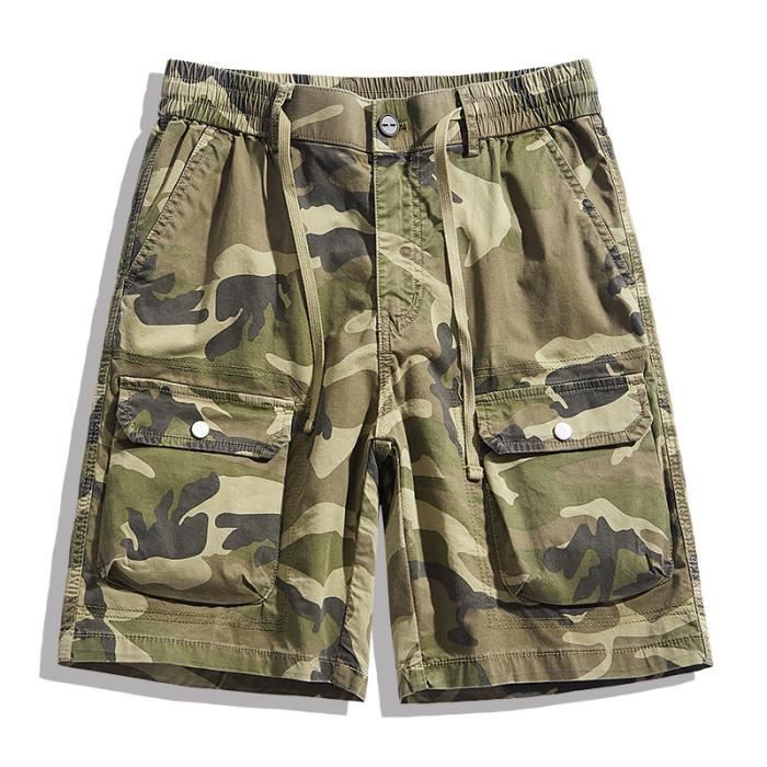 Short Cargo Homme en Coton Coupe Droite - Kaki - Beige - Été Kaki