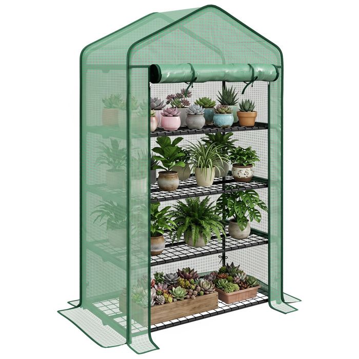 Serre de jardin - Outsunny - PE avec étagères 4 niveaux bâche renforcée 135 g/m² porte zippée - acier - 90x49x160cm - vert