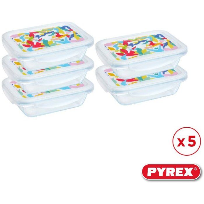 Lunch box PYREX Lot de 5 boîtes en verre Rectangulaire Couvercle hermétique Design abstrait 0.80