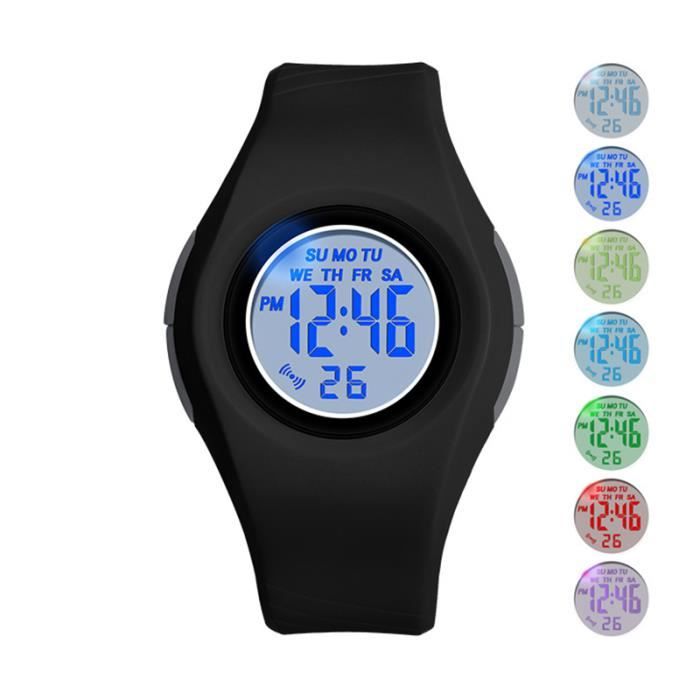 Montre enfant garçon numérique sports LED multifonctionnel réveil date sangle en plastique étudiant noir