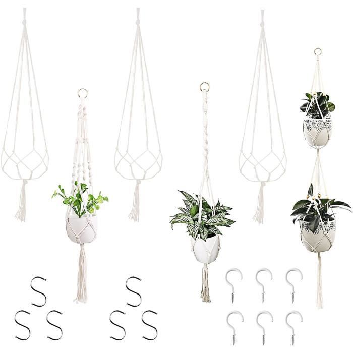 4 Suspensions Plantes Macramé Coton - Paniers Suspendus Bohème Avec Crochets - Pour Intérieur Et Extérieur