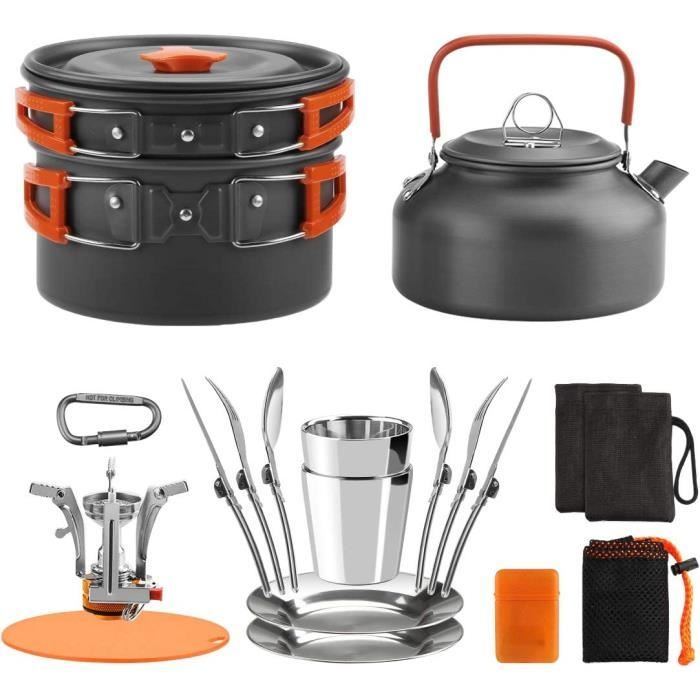 awroutdoor multi-pcs mini kit de casseroles camping + réchaud camping pot poêle, durable et compact avec tasse, fourchette et cu183