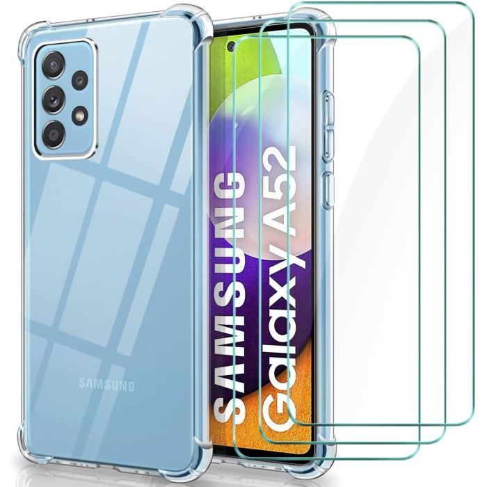 Coque Samsung Galaxy A52 + 2 Verres Trempés Protection écran 9H Anti-Rayures Housse Silicone Antichoc Transparent