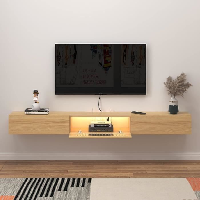 Meuble TV Suspendu 120cm Etagere Murale Flottante Avec 3 Portes - Rangement TV Bois Moderne