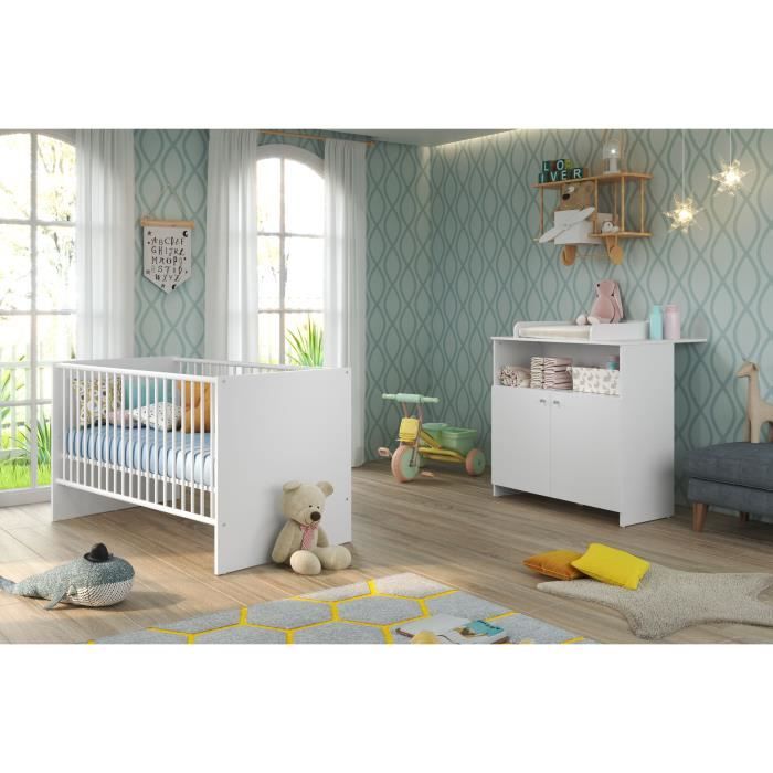 Chambre bébé Duo : Lit 70 x 140 cm + Commode à langer NIKO - Blanc - TREND TEAM