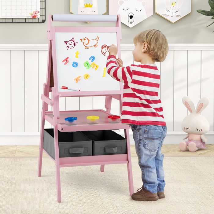 Relaxdays Tableau Dessin 2-en-1 Pour Enfant – Tableau Noir Et Blanc, Rouleau De Papier, 2 Corbeilles De Rangement, Cadre Rose – Chevalet Autonome 94x52x46,5 Cm