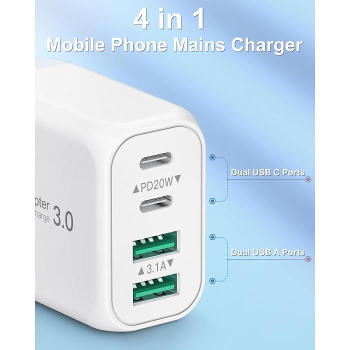 Chargeur Mural USB 4 Ports - Noir - Charge Rapide - Universel - Neuf (ouvert)